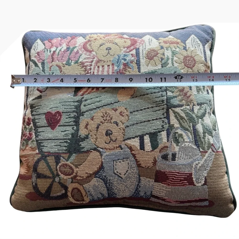 Vintage Teddy Bear Garden Tapestry Throw Pillow Accent Sunflowers 14x14 Green